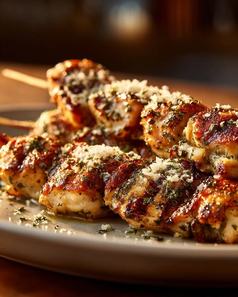 Ranch Garlic Parmesan Chicken Skewers ready to be grilled and enjoyed for dinner.