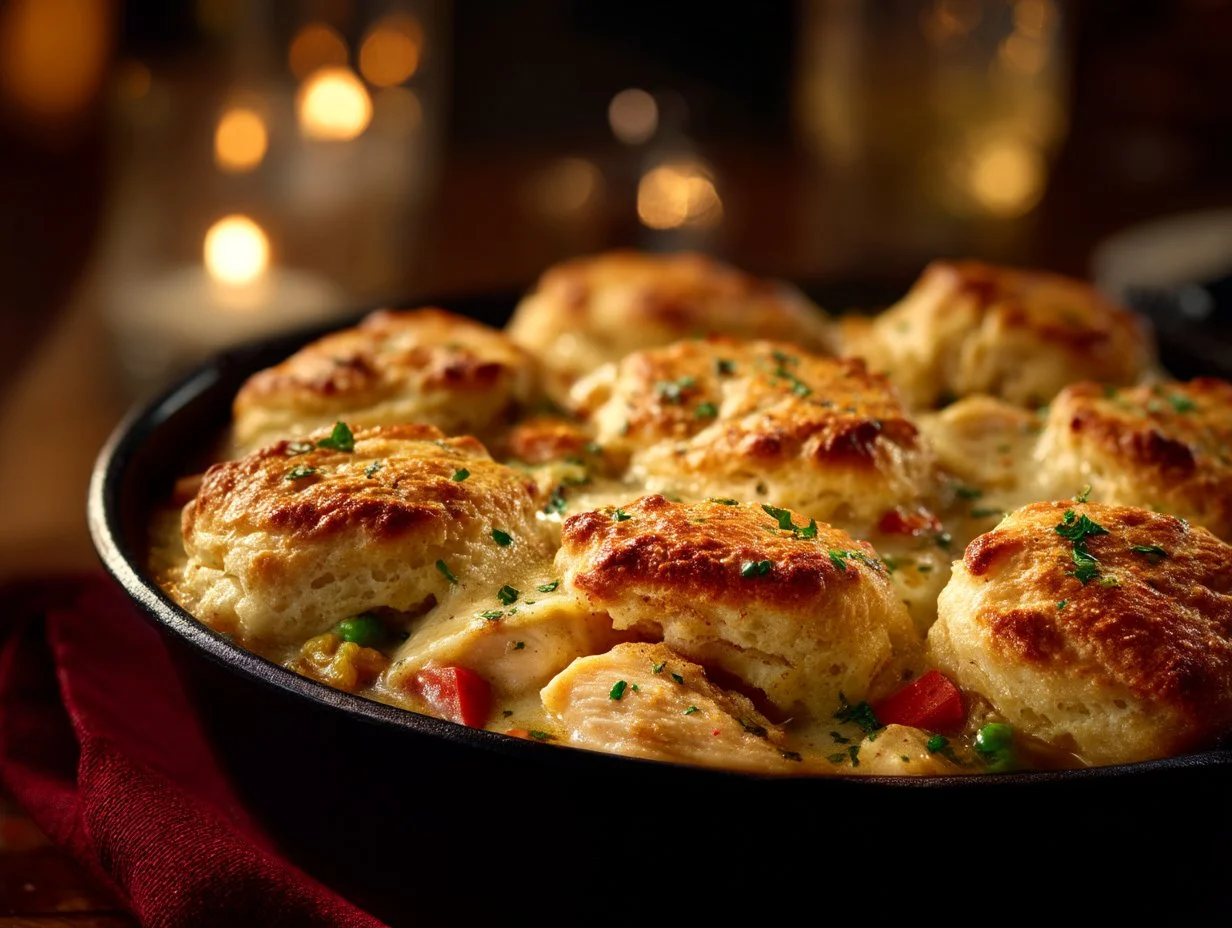 Delicious Red Lobster Biscuit Chicken Pot Pie with flaky biscuit topping.