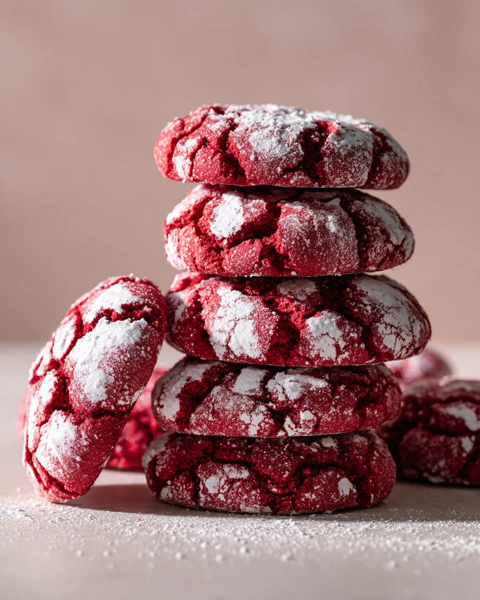 Freshly baked Red Velvet Crinkle Cookies on a white plate
