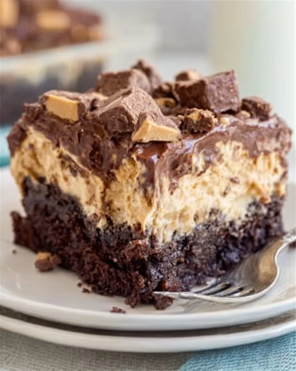 Delicious slice of Reese's Poke Cake topped with chocolate and peanut butter frosting