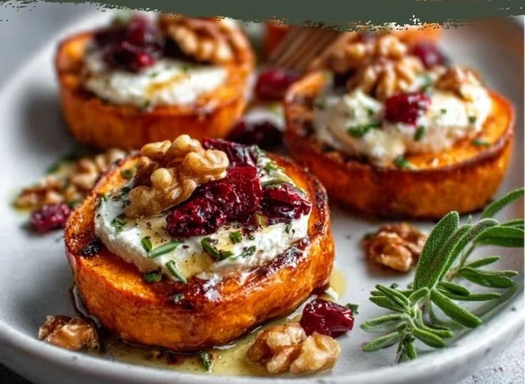Roasted sweet potato rounds topped with herbed ricotta cheese