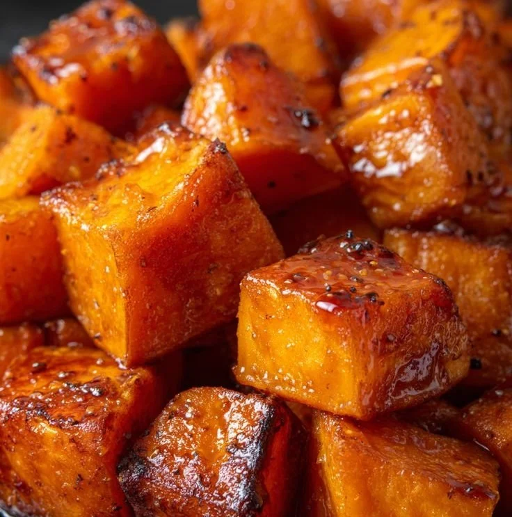 Delicious roasted sweet potatoes drizzled with maple glaze on a white plate