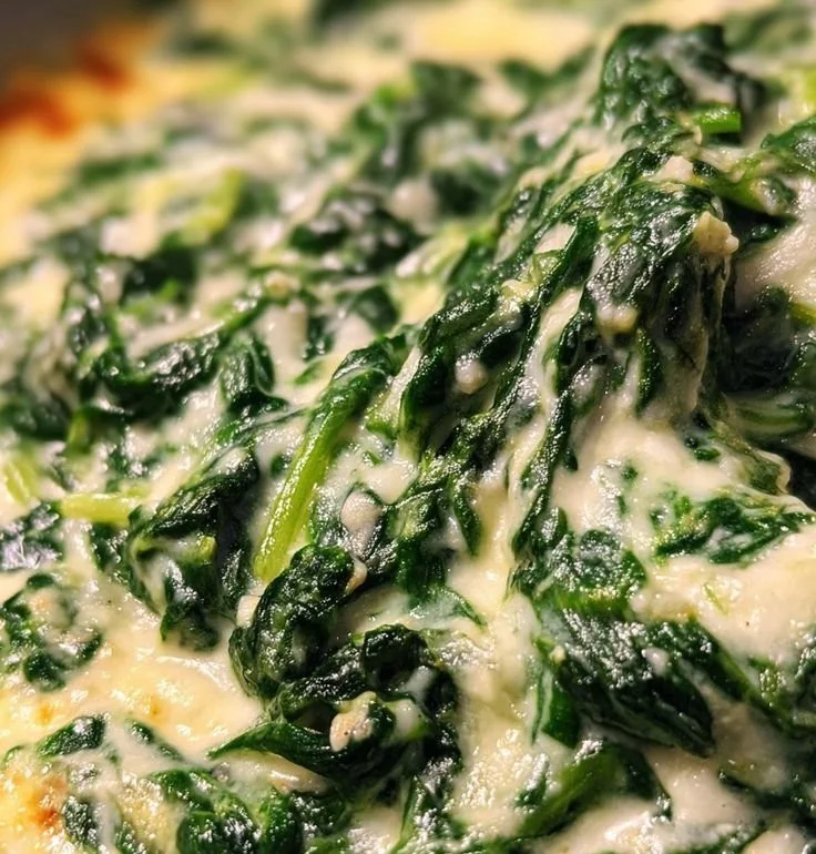 Delicious Ruth Chris creamed spinach served in a bowl on a dining table.