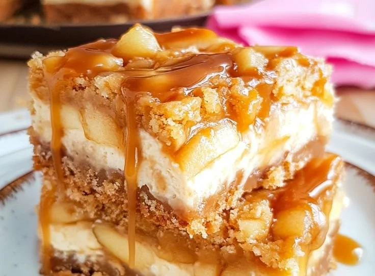 Salted Caramel Apple Cheesecake Crunch Bars 1 Salted caramel apple cheesecake crunch bars with apple slices and caramel drizzle