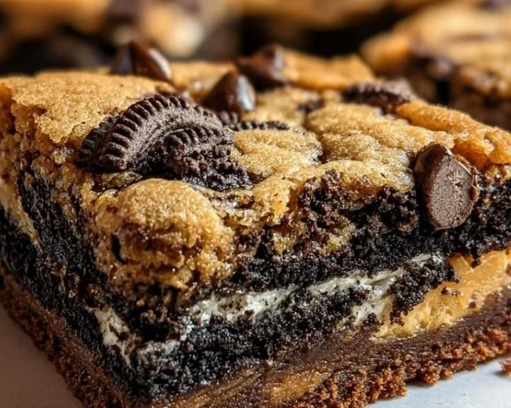 Decadent slutty brownies with layers of cookie dough and Oreos
