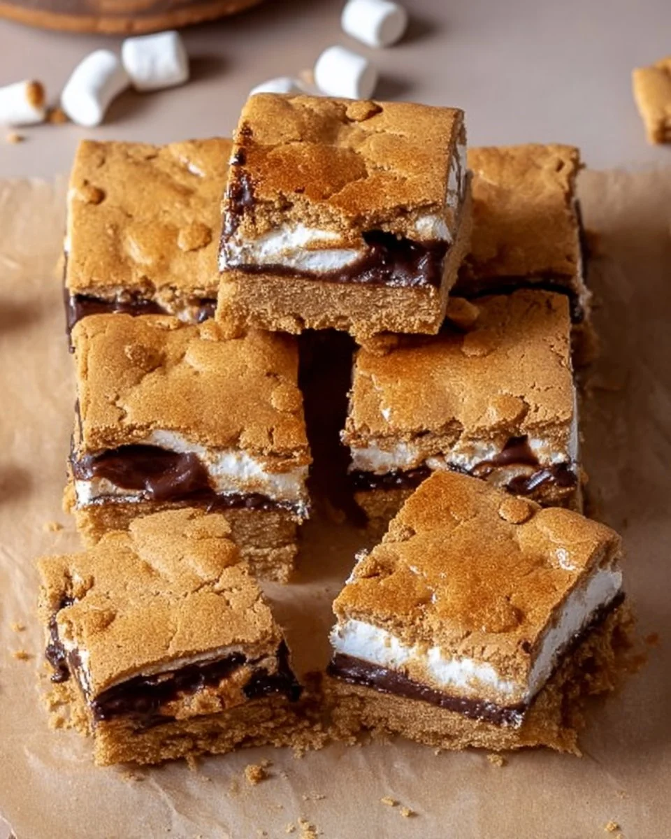 Delicious S'mores Cookie Bars topped with chocolate and marshmallows