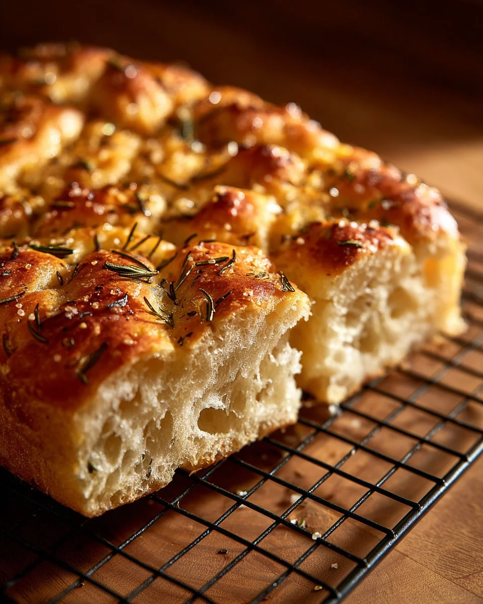 Freshly baked sourdough focaccia topped with herbs and olive oil.