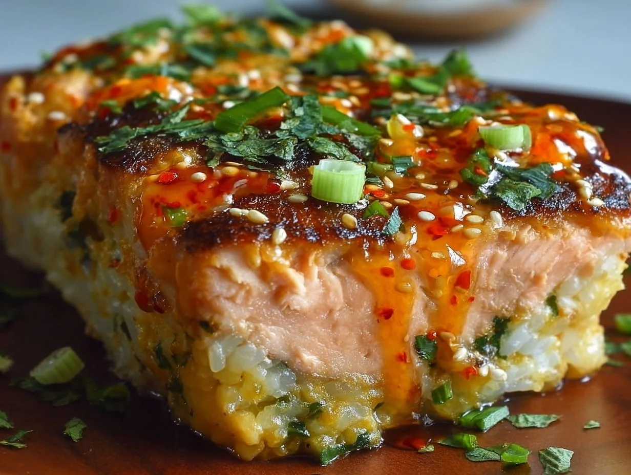 Baked spicy salmon sushi topped with creamy sauce and garnished with green onions.