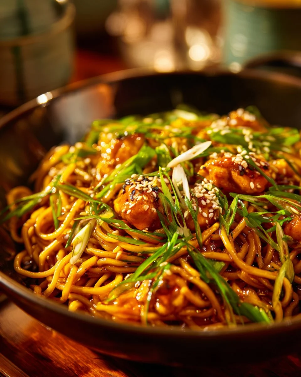 Plate of sticky garlic chicken noodles garnished with green onions