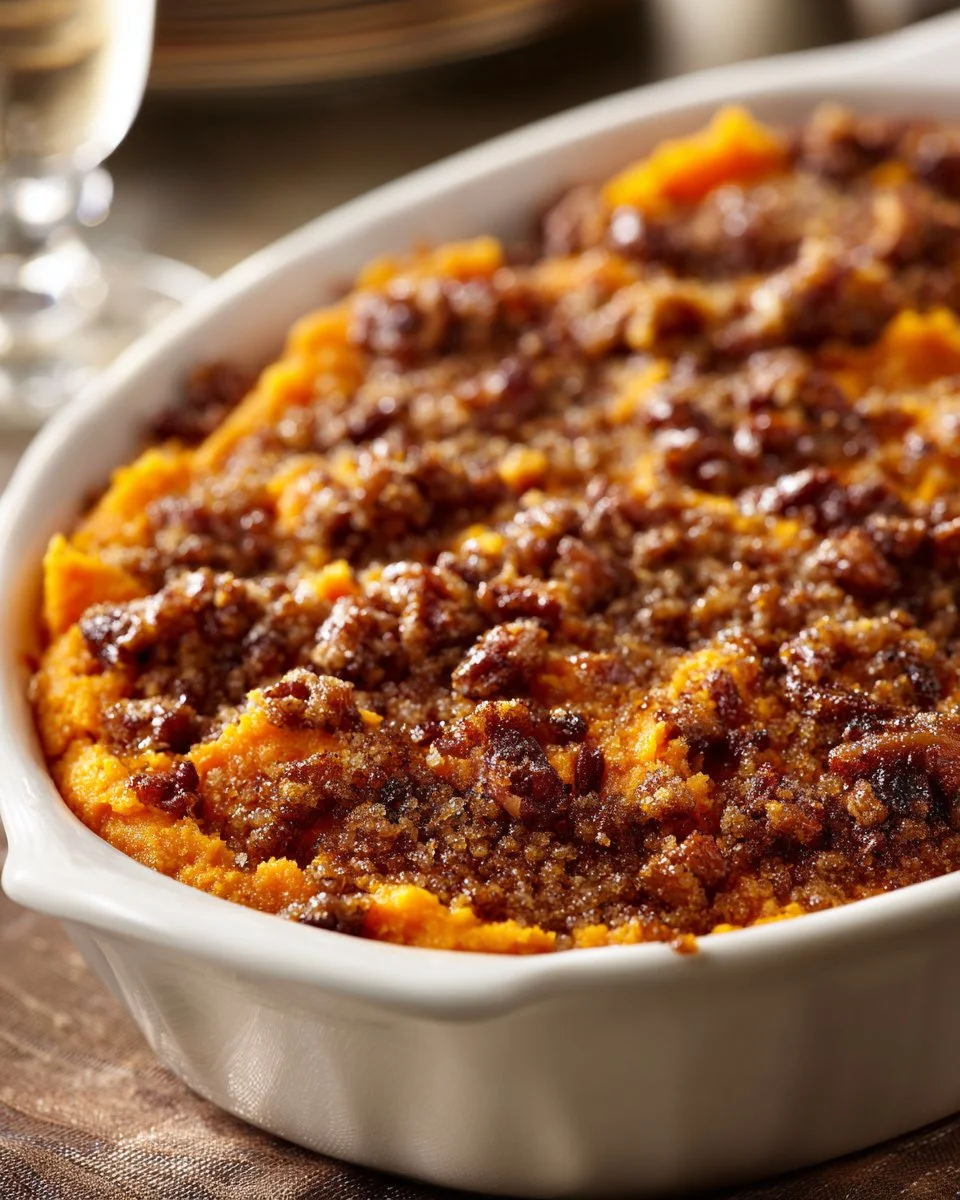 Delicious homemade sweet potato casserole topped with marshmallows and pecans.