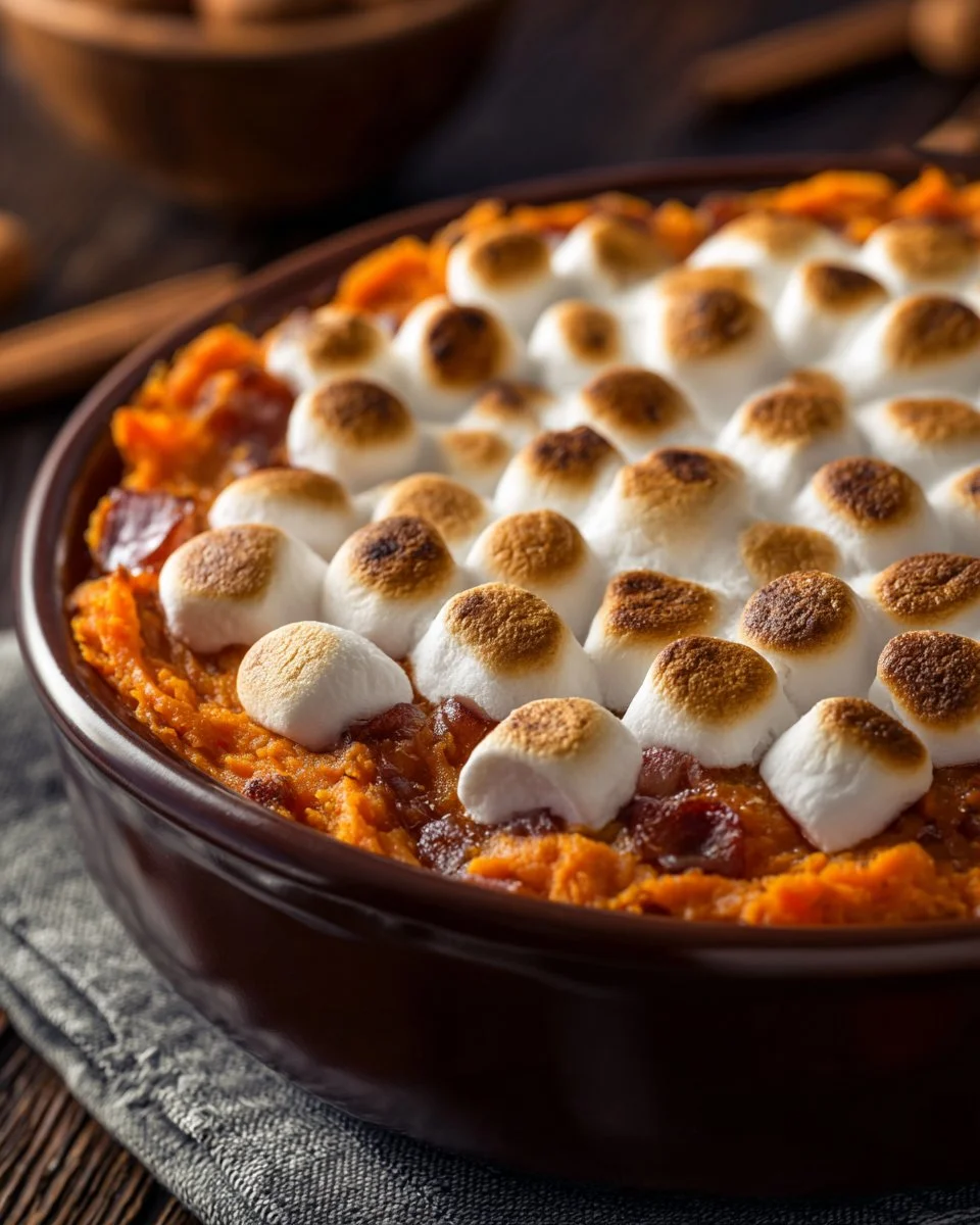 Sweet Potato Casserole 1 Delicious sweet potato casserole topped with marshmallows and pecans