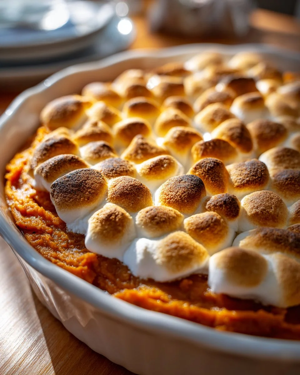Vegan sweet potato casserole topped with marshmallows, perfect holiday side dish.