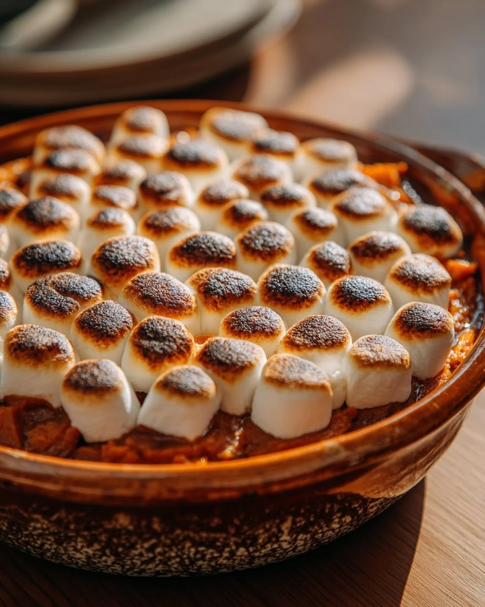 Sweet Potato Casserole with Marshmallows and Pecans 1 Sweet potato casserole topped with melted marshmallows and pecans in a baking dish.