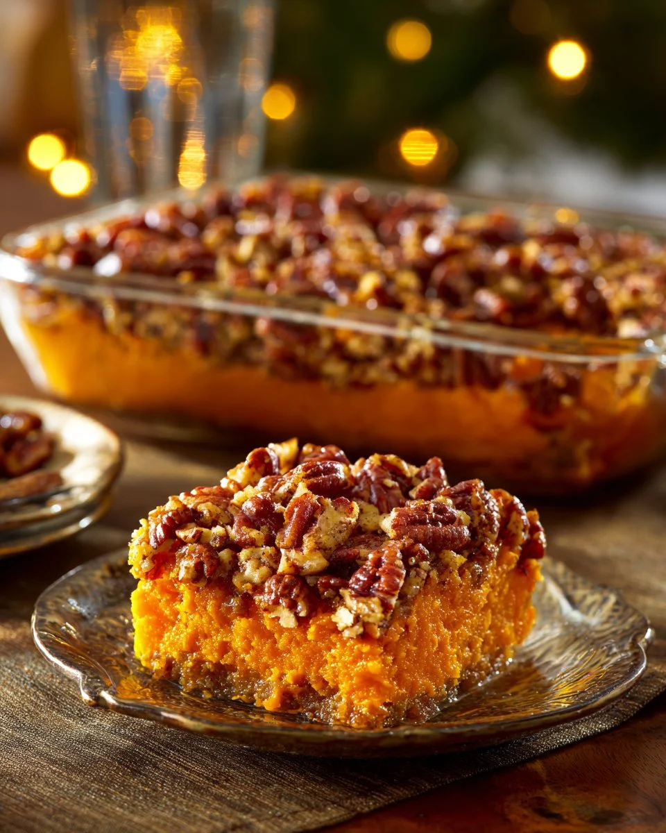 Sweet potato casserole topped with pecans, a festive holiday dish.