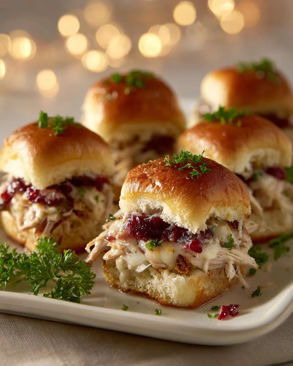 Thanksgiving leftover turkey cranberry sliders on a serving platter