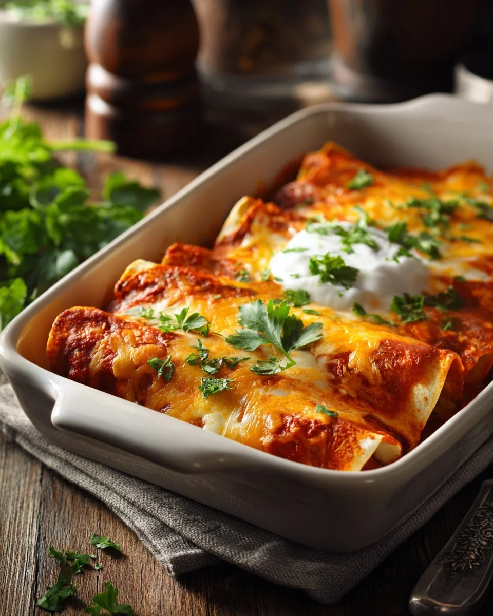 Delicious plate of quick and easy chicken enchiladas topped with cheese and sauce
