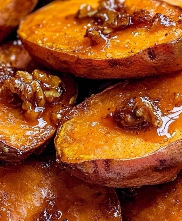 Bowl of walnut maple roasted sweet potatoes garnished with herbs