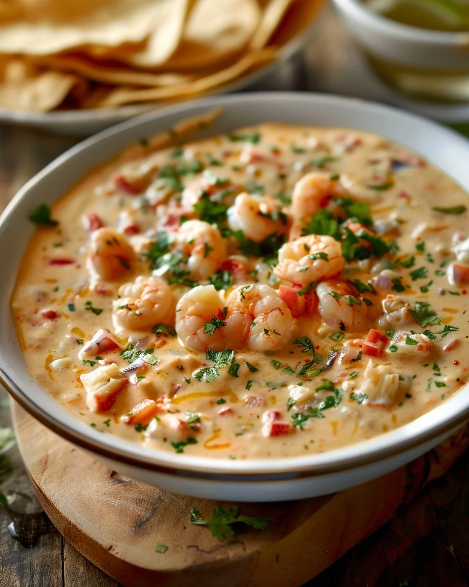 Delicious Crab Shrimp Queso served in a bowl with tortilla chips