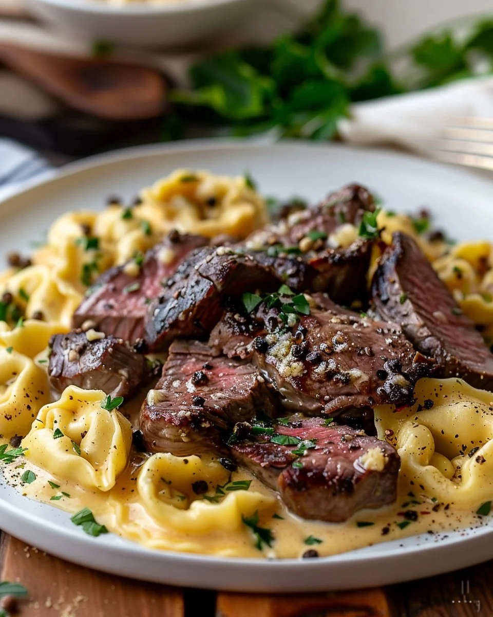 Delicious cracked garlic steak tortellini in creamy sauce served in a bowl