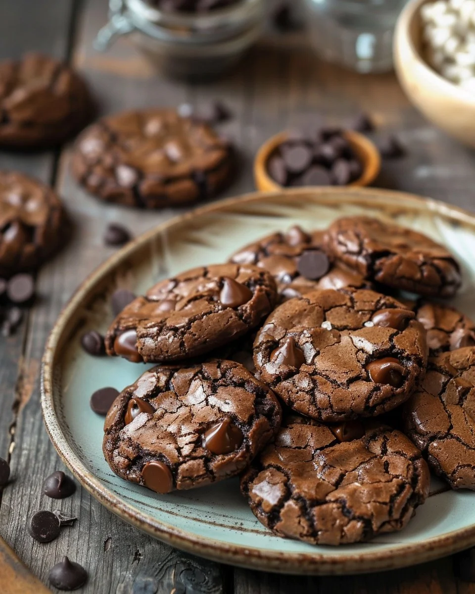 Gourmet Brownie Cookies 1 Delicious gourmet brownie cookies stacked on a plate