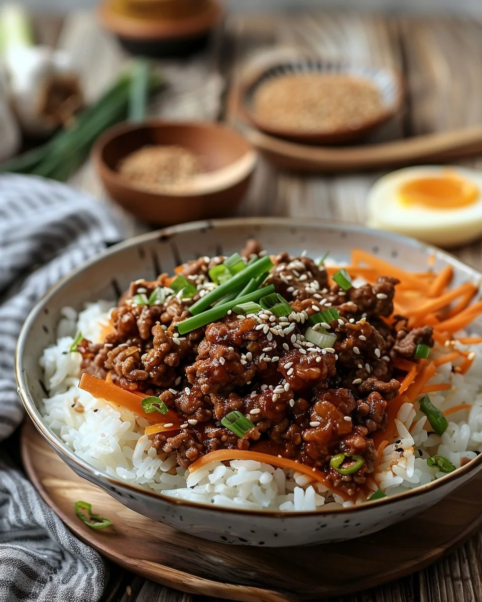Delicious Korean ground beef bowl topped with fresh vegetables and rice