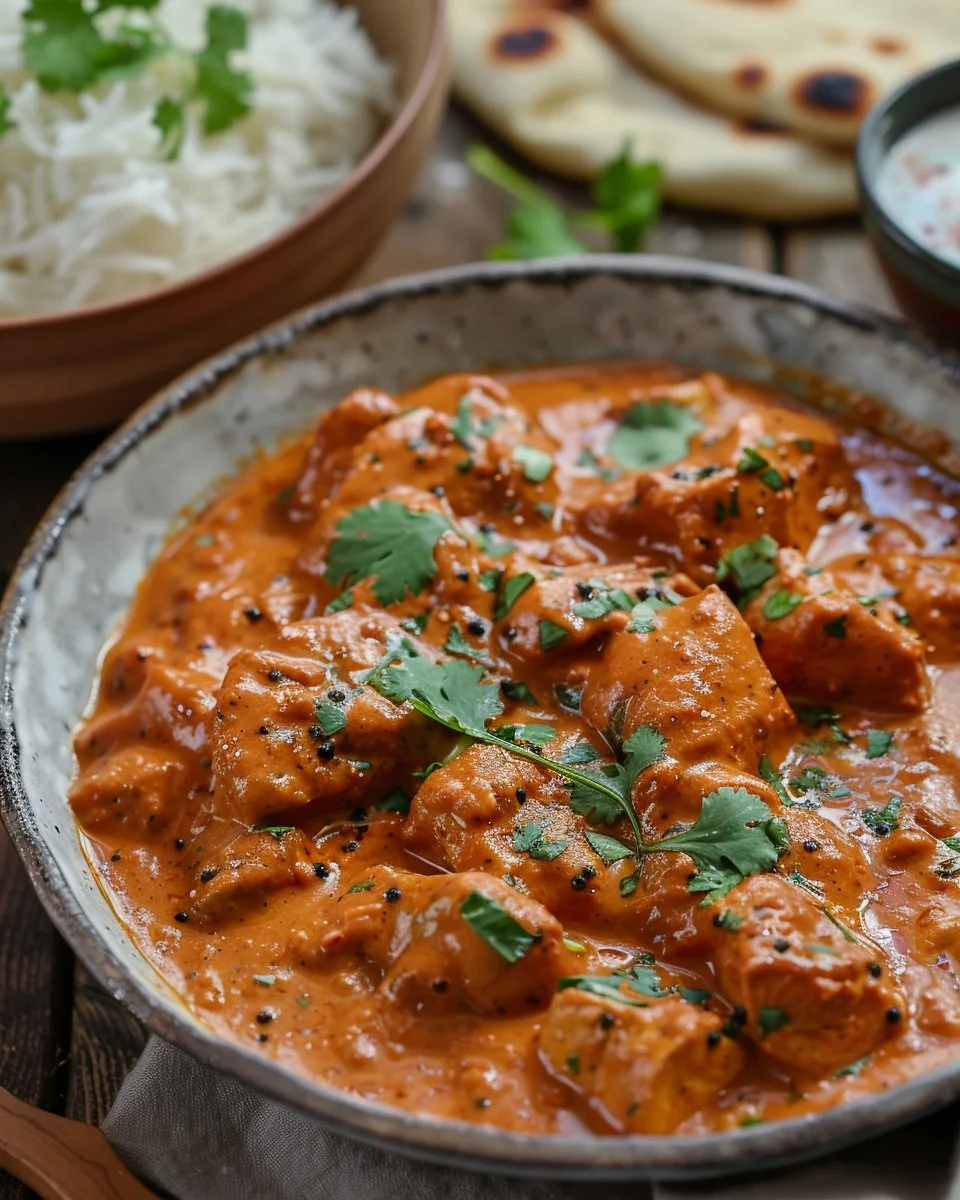 Delicious homemade butter chicken served with rice and garnished with herbs.