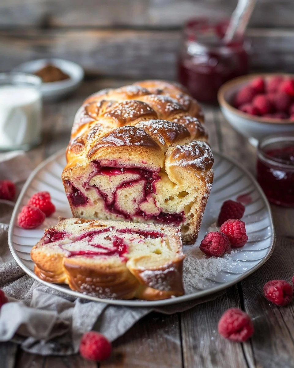 Raspberry Swirl Brioche Loaf showcasing soft texture and vibrant swirl