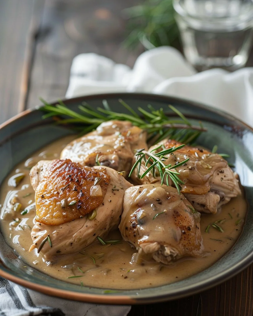Delicious slow cooker chicken and gravy served with mashed potatoes