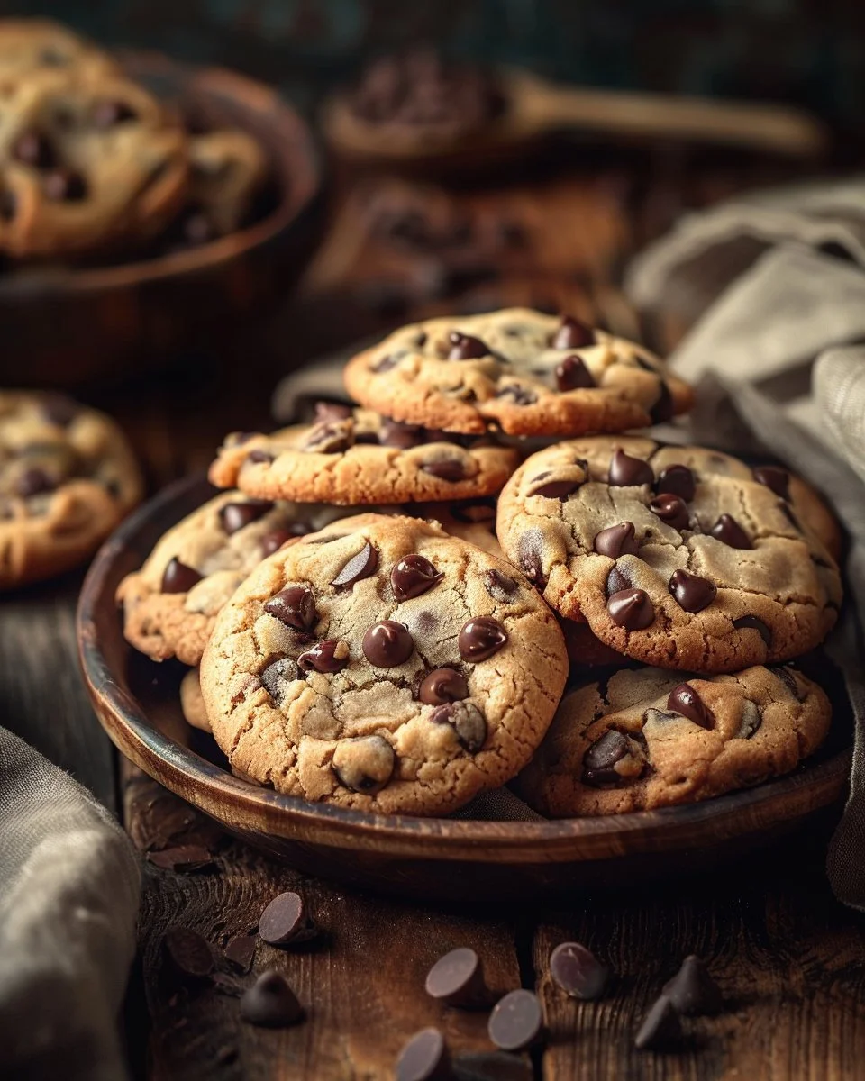 Freshly baked soft-batch chocolate chip cookies stacked on a plate