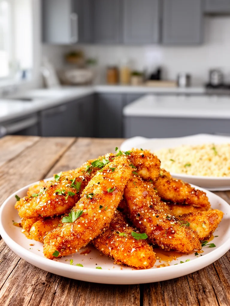 Crispy Air Fryer honey butter garlic chicken tenders served with sauce.
