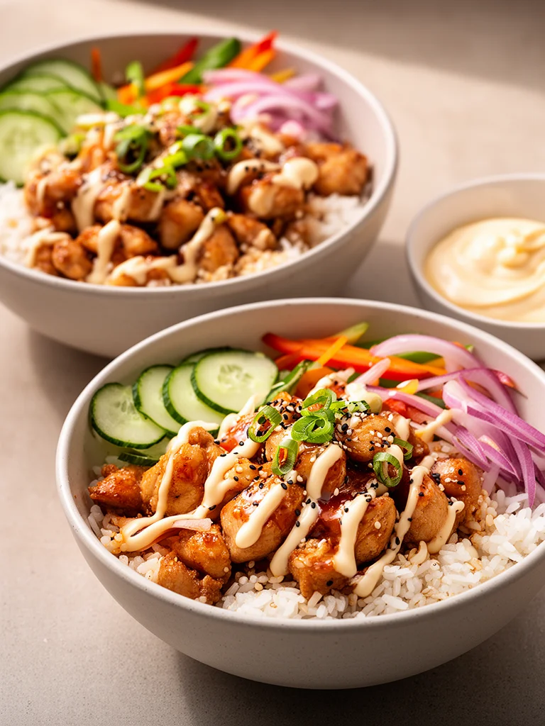 Delicious Bang Bang Chicken Bowl with spicy sauce and fresh vegetables