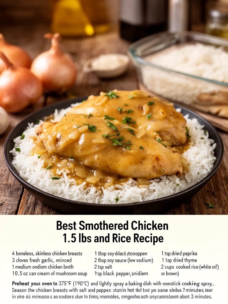 Delicious smothered chicken served with rice and rich gravy
