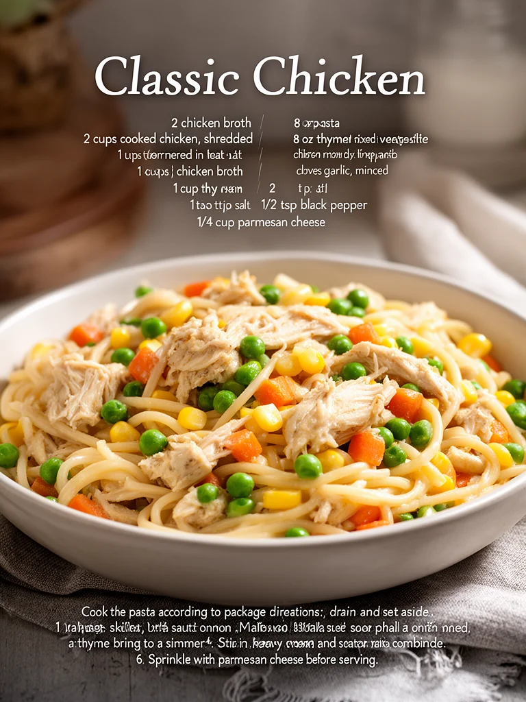 Classic Chicken Pot Pie Pasta 5 Delicious Chicken Pot Pie Pasta served in a bowl with fresh herbs.