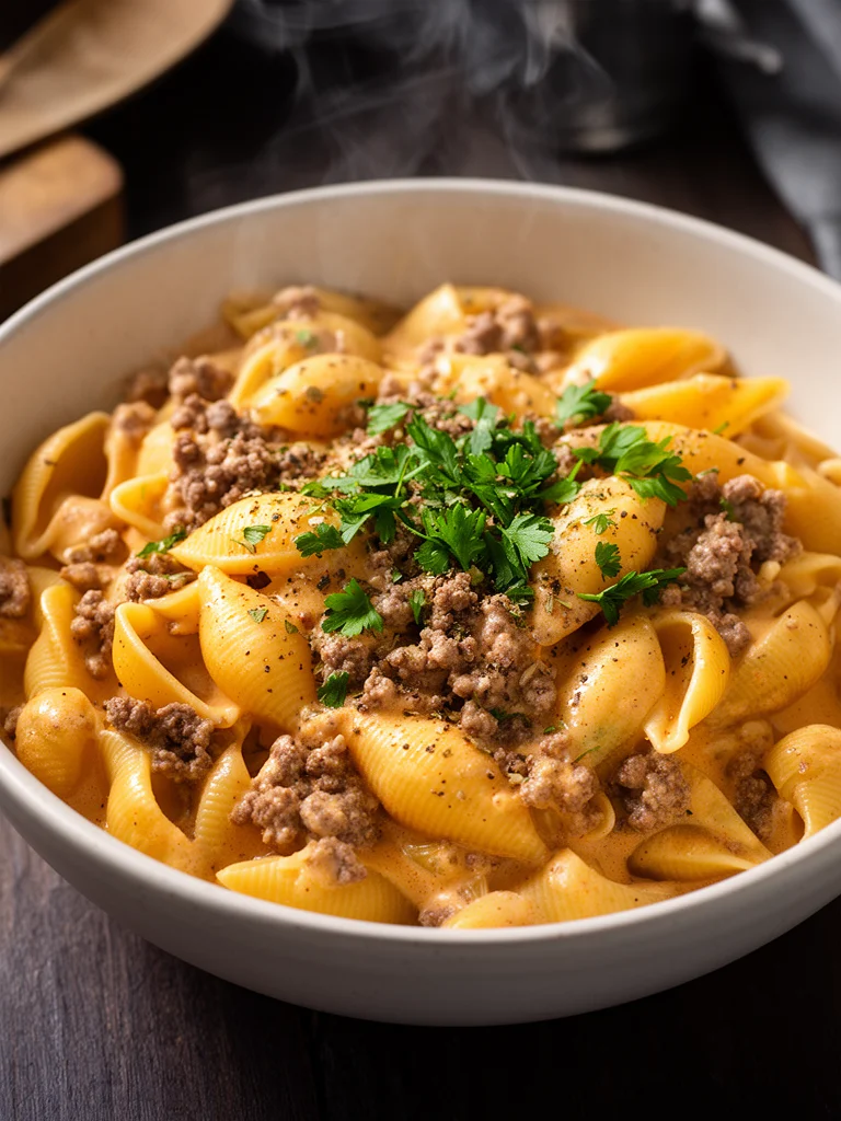 Creamy beef and shells dinner served on a plate with herbs