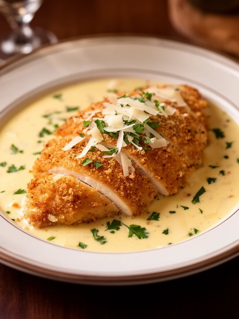Crispy Parmesan Chicken with Garlic Cream Sauce