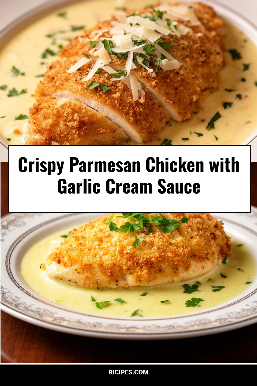 Crispy Parmesan Chicken with Garlic Cream Sauce