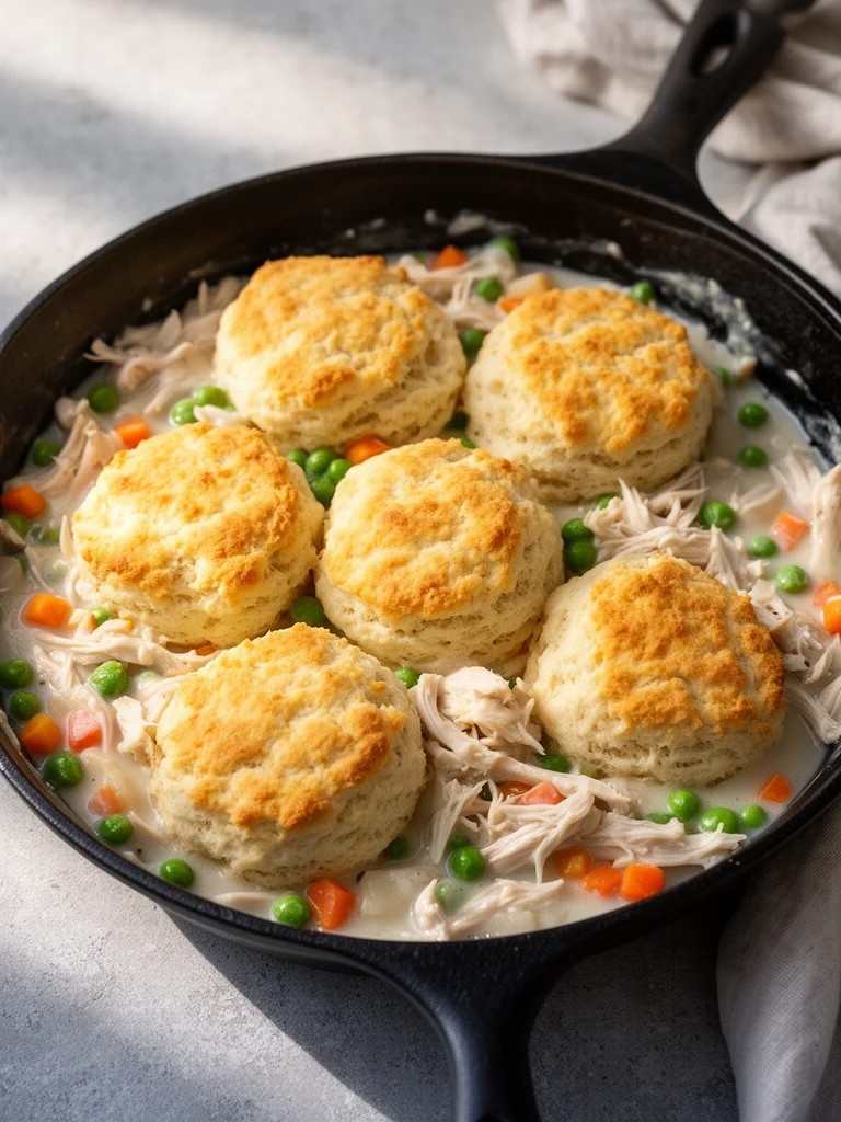 Easy chicken pot pie topped with fluffy biscuits, perfect comfort food.
