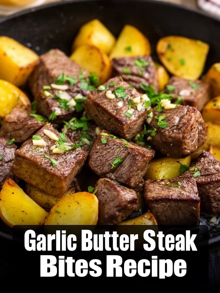 Garlic butter steak bites served in a skillet.