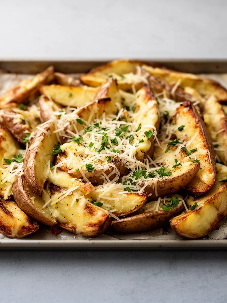 Delicious Garlic Parmesan Potato Wedges served with dipping sauce