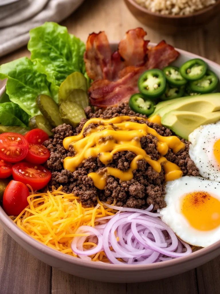 High-protein cheeseburger bowls with ground beef and burger sauce