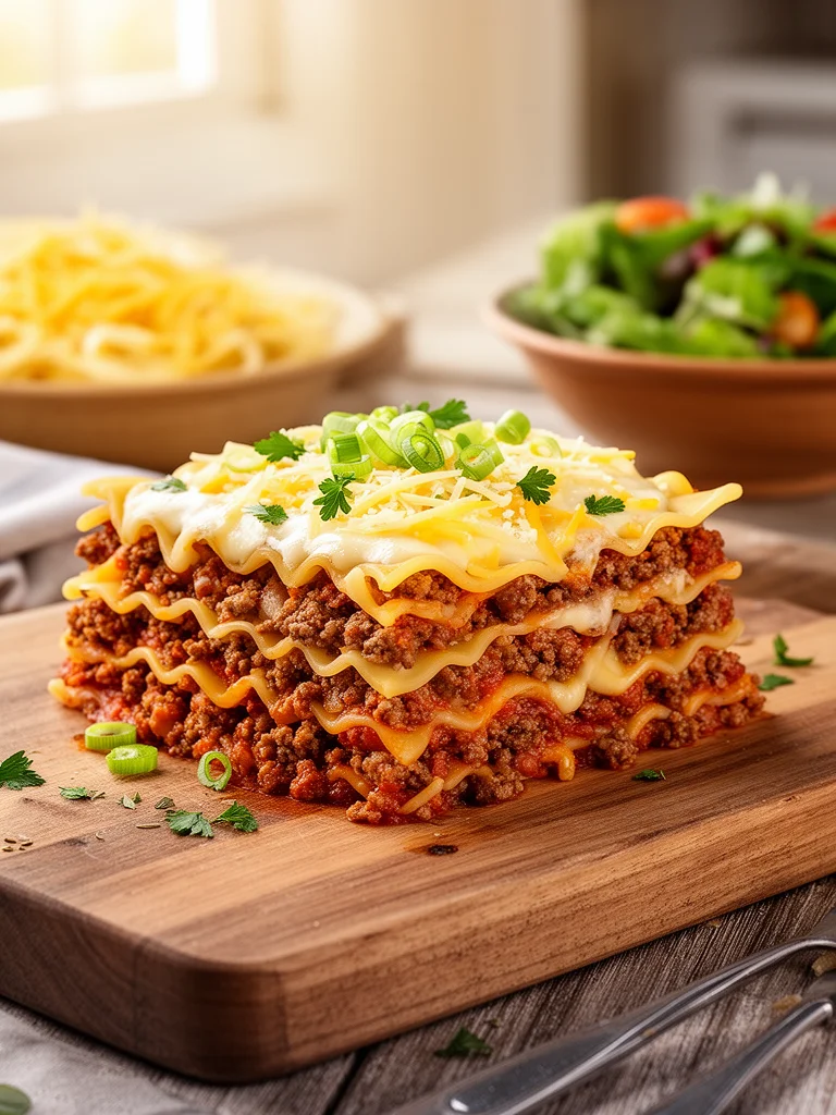 Parmesan Garlic Bacon Cheeseburger Lasagna served in a dish