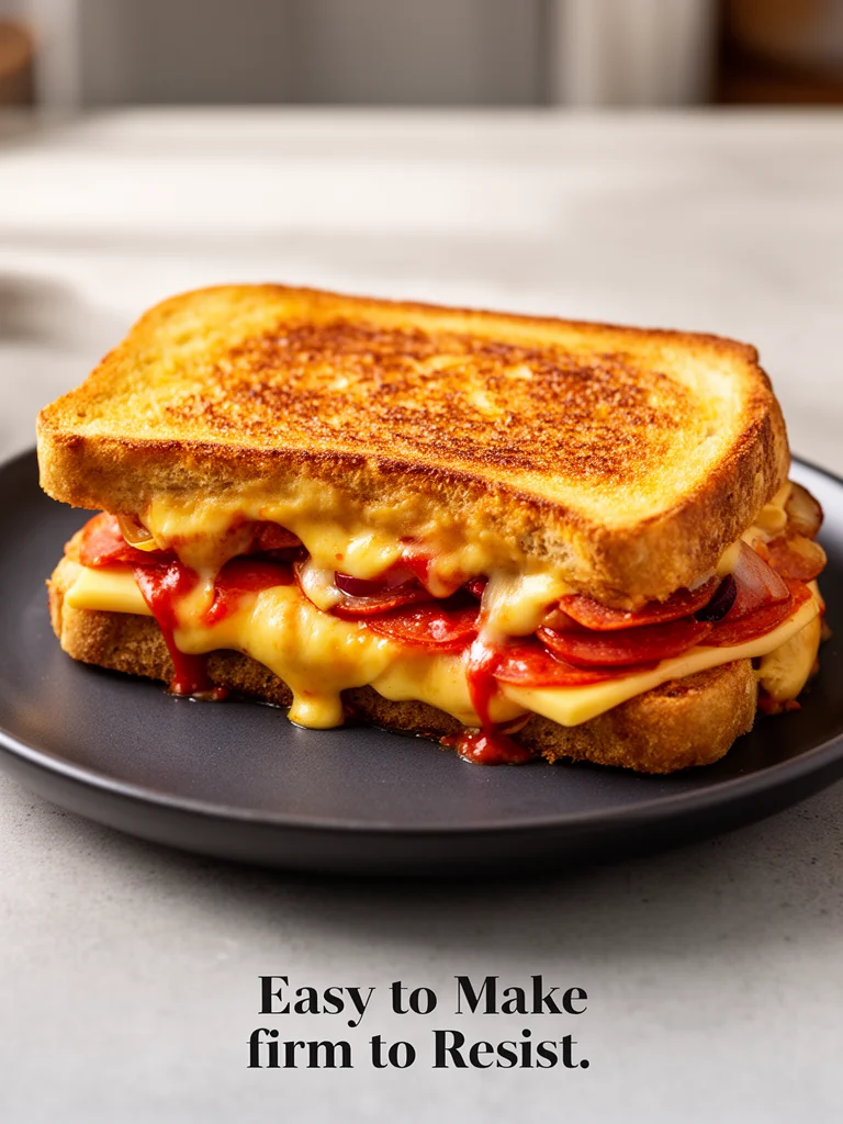 Melting Pizza Grilled Cheese sandwich with gooey cheese and pizza toppings.