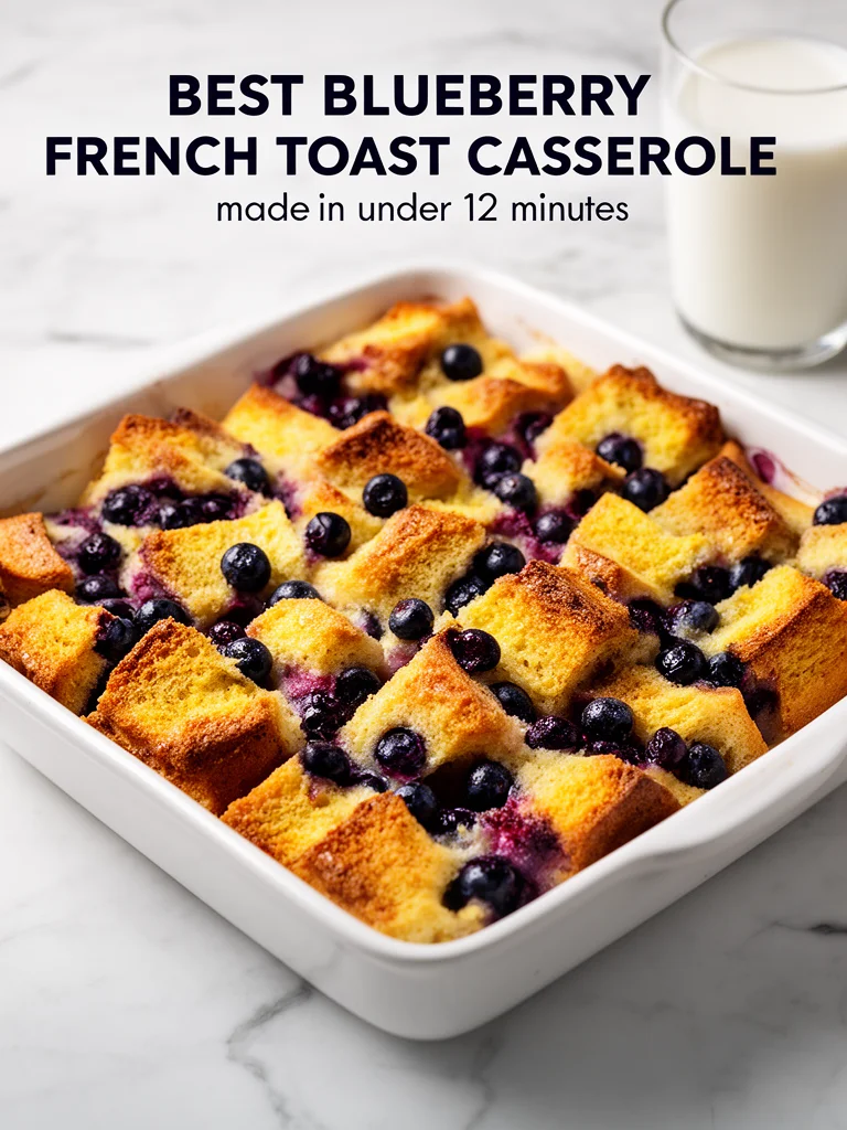 Quick blueberry French toast casserole topped with fresh blueberries and syrup.