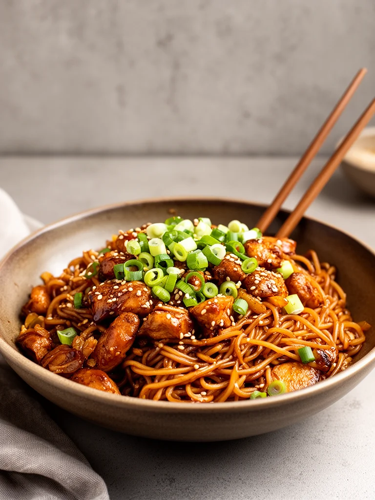 Plate of sticky garlic chicken noodles garnished with herbs and sesame seeds.