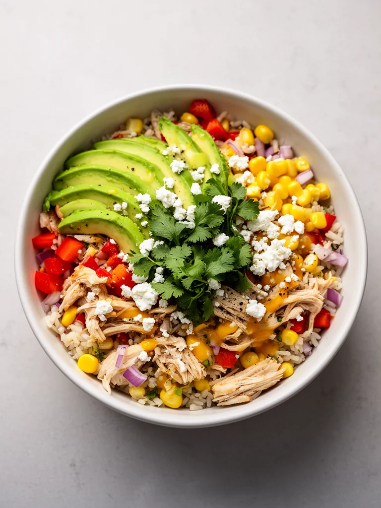 Delicious Street Corn Chicken Rice Bowl topped with fresh ingredients